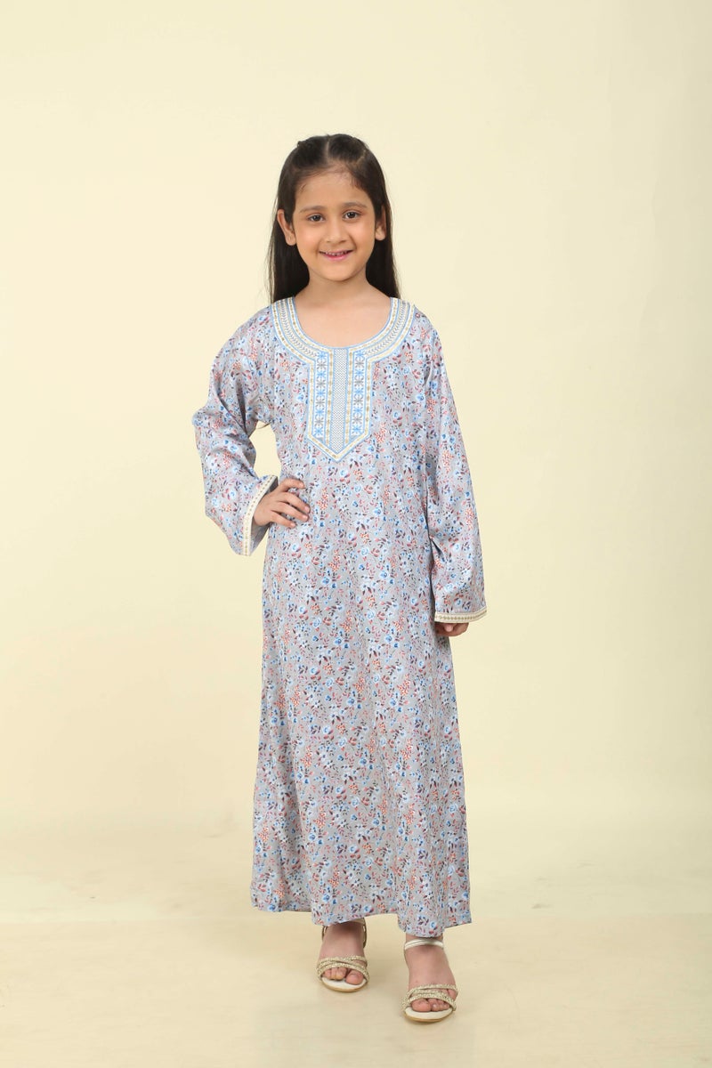 HANA & SARA Girls Viscose Blended Digital Print Floral Arabic Jalabiya – Lightweight Modest Wear Dress - Image 1